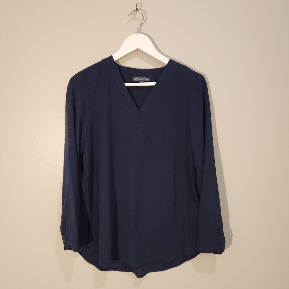 Adrianna Papell V-Neck Long Sleeve Navy Blouse - Size S